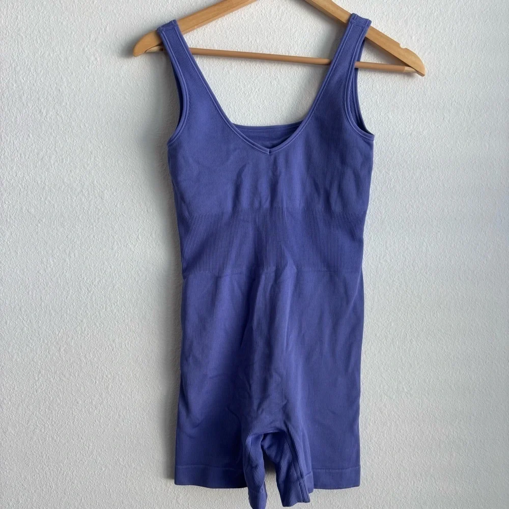 NWOT Athleta Aurora Ribbed Purple Adonis Blue Active Romper Bodysuit Shortie XS